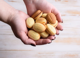 Homemade Russian nuts with condensed milk and mascarpone on a light blue background, wafer napkin. Cut nuts with condensed milk.