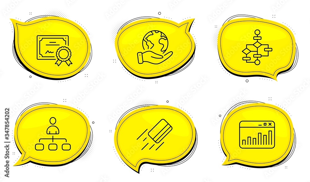 Poster credit card sign. diploma certificate, save planet chat bubbles. management, block diagram and marke