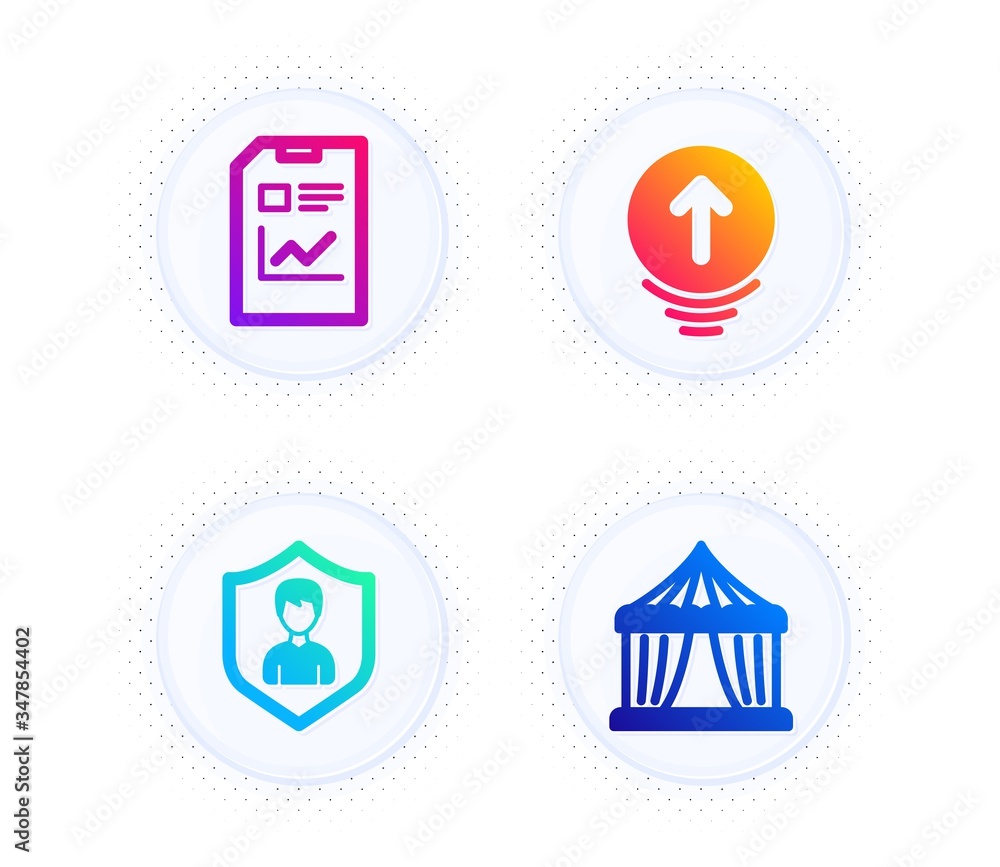 Poster swipe up, security agency and report document icons simple set. button with halftone dots. circus te
