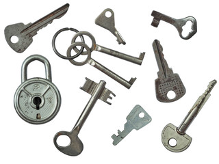 lock and many keys of different shapes isolated on a white background