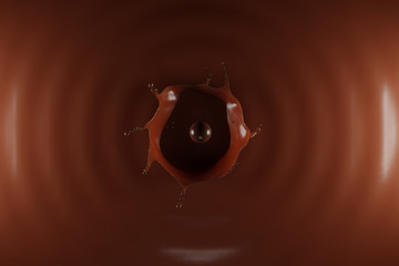 Liquid chocolate crown splash. In a liquid chocolate pool. With circle ripples. 3D Illustration