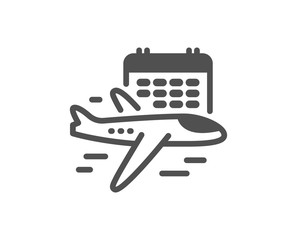 Select flight icon. Airplane with calendar sign. Airport flights symbol. Classic flat style. Quality design element. Simple select flight icon. Vector