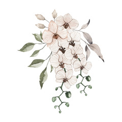 Watercolor summer floral tropical bouquet with orchid flowers isolated. Floral spring arrangement blossom boho wedding invitation save the date card illustration © madiwaso