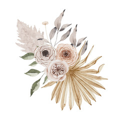 Watercolor summer floral tropical bouquet with rose flowers dried palm leaves isolated. Floral spring arrangement blossom boho wedding invitation save the date card illustration © madiwaso