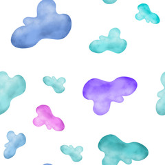 Fototapeta na wymiar Multicolored watercolor clouds pattern on white background. Seamless pattern. Kids, travel design. Packaging, wallpaper, textile, fabric print