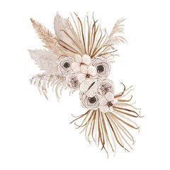 Watercolor summer floral tropical bouquet with orchid rose flowers dried palm leaves pampas grass isolated. Floral spring arrangement blossom boho wedding invitation save the date card illustration © madiwaso