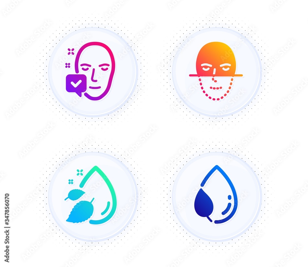 Poster water drop, face recognition and face accepted icons simple set. button with halftone dots. leaf dew