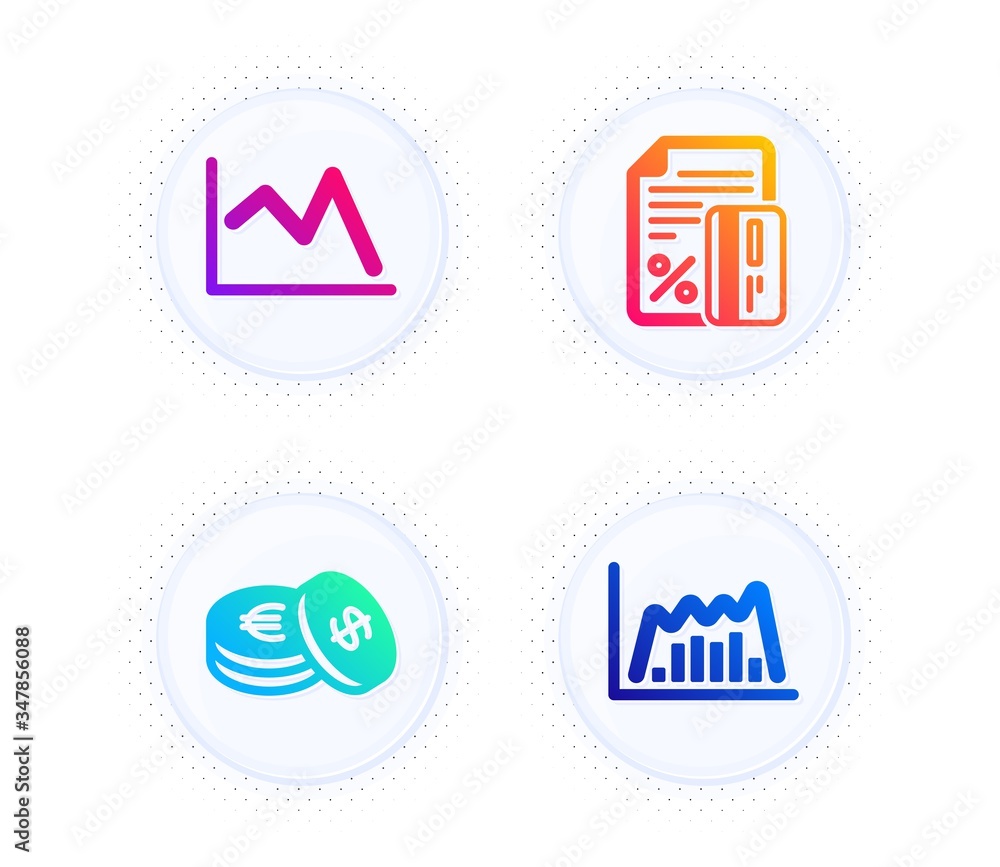 Poster credit card, savings and line chart icons simple set. button with halftone dots. infographic graph s