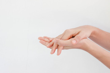 Washing hands with alcohol gel. Sanitizer after using a public restroom. Hygiene concept. Prevent the spread of germs and hand hygiene corona virus protection.