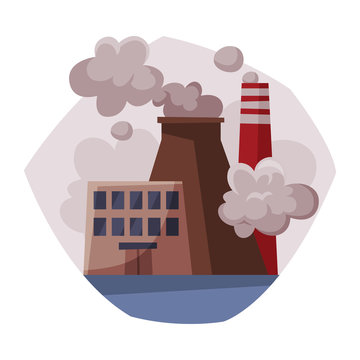 Pollutive Industry Plant Emitting Smoke Through Chimneys, Ecological Problem, Environmental Pollution Vector Illustration