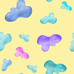 Fototapeta na wymiar Watercolor clouds on yellow background. Seamless pattern. Travel, kids, print, packaging, wallpaper, textile, fabric design