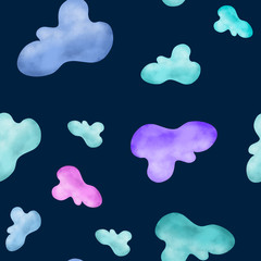 clouds in the sky on dark blue background. Seamless pattern. Drawing. Kids, meteorology, atmosphere, sky print. Packaging, wallpaper, textile, fabric design