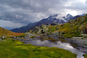 Fototapeta na wymiar A summer landscape view of the Alps mountains in Stelvio National park, val di Pejo