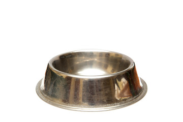 Empty metal pets bowl isolated on white background