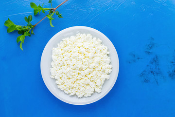Cottage cheese in a white plate on a blue background. Organic eco healthy meal, dairy product. Plate of cottage cheese and branch with green leaves. Top view. Copy space