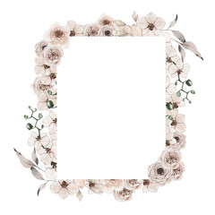 Watercolor summer tropical frame with dried palm leaves, orchid, roses flowers isolated. Floral spring frame blossom boho illustration wedding invitation save the date card