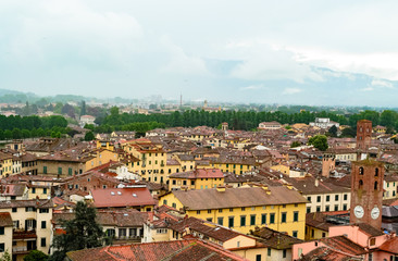 From the guinigi's tower a landscape aerial view of the roofs of the medieval town of Lucca in...