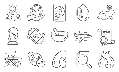 Set of Business icons, such as Statistics, Gift. Diploma, ideas, save planet. Animal tested, Search file, Call center. No alcohol, Airplane, Hot sale. Cooking mix, Peanut, Marketing strategy. Vector