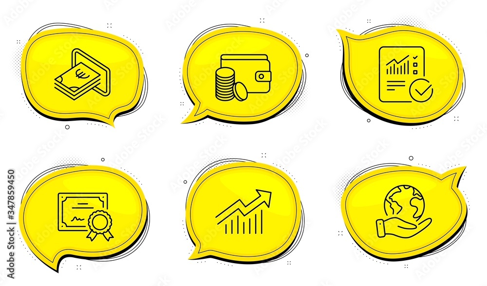 Poster checked calculation sign. diploma certificate, save planet chat bubbles. payment method, demand curv