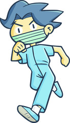 Cute and funny young doctor running wearing face mask