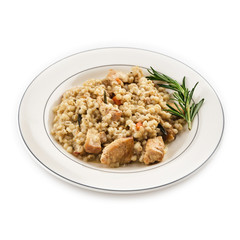 Barley porridge with meat on white plate.