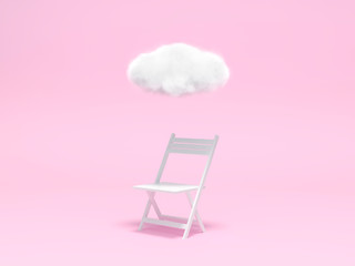 Outstanding white chair under a cloud on pastel pink background 3d rendering. 3d illustration Rainy season minimal concept.