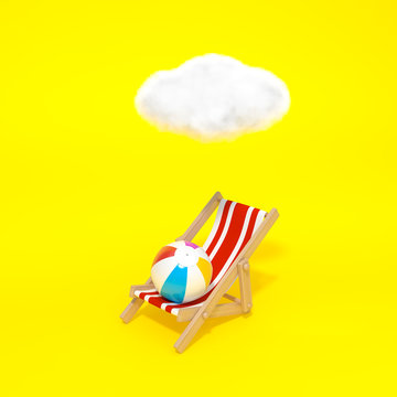 Outstanding Beach chair, Deck chair, Sunchair, wooden beach lounge chair under a cloud on yellow background 3d rendering. 3d illustration Rainy snd Summer season minimal concept.