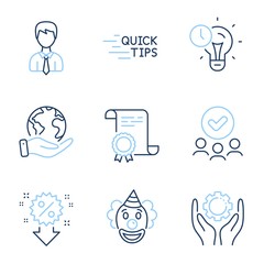 Discount, Time management and Businessman line icons set. Diploma certificate, save planet, group of people. Employee hand, Clown and Education signs. Sale shopping, Idea lightbulb, User data. Vector
