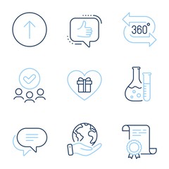 Swipe up, Chemistry lab and Romantic gift line icons set. Diploma certificate, save planet, group of people. Text message, 360 degree and Like signs. Vector