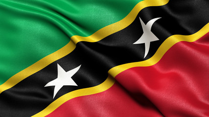 3D illustration of the flag of Saint Kitts and Nevis waving in the wind.