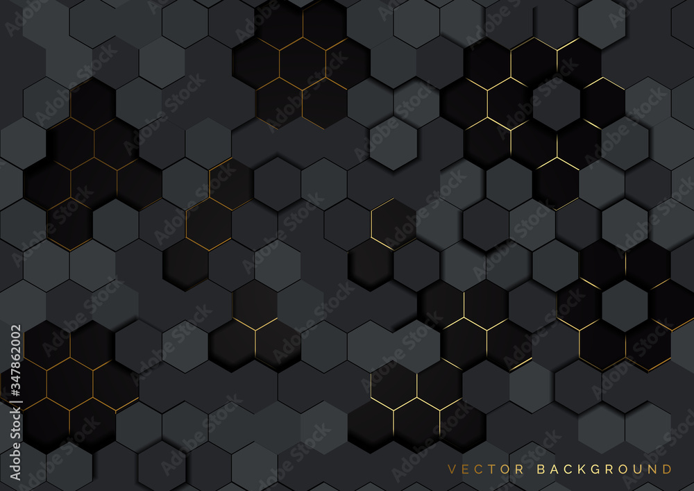 Poster abstract geometric hexagonal pattern on dark background. luxury style.