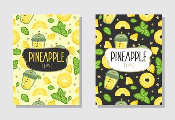 Fototapeta premium A set of postcards. Fresh pineapple, leaves, flowers and slices. Manual calligraphy of the 