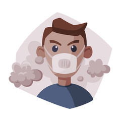 Man Wearing Protective Face Mask, People Suffering from Fine Dust and Industrial Smog, Ecological Problems, Air Pollution Vector Illustration