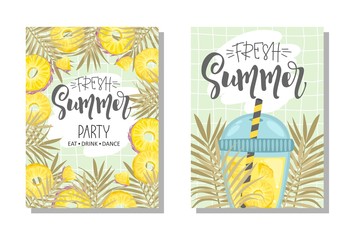 A set of postcards. Fresh pineapple, leaves, flowers and slices. Manual calligraphy of the "Fresh Party". Label, banner advertising element.
Vector illustration. Printing on fabric, paper, postcards, 