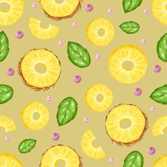 Seamless pattern with fresh pineapple, flowers, tropical leaves and berries. Vector illustration.
Printing on fabric, paper, postcards, invitations.
