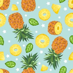 Seamless pattern with fresh pineapple, flowers, leaves and berries. Vector illustration.
Printing on fabric, paper, postcards, invitations.