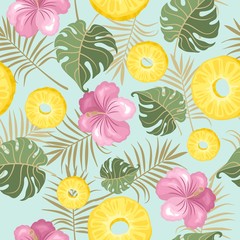 Seamless pattern with fresh pineapple, flowers, tropical leaves and berries. Vector illustration.
Printing on fabric, paper, postcards, invitations.