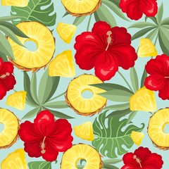 Seamless pattern with fresh pineapple, flowers, leaves and berries. Vector illustration.
Printing on fabric, paper, postcards, invitations.