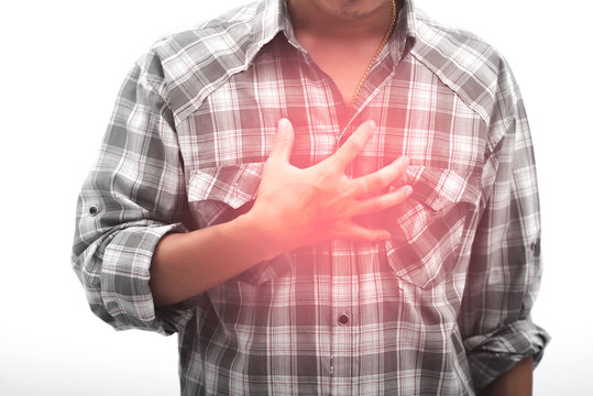 Chest Pain Isolated On White Background Or Burning Sensation In The Middle Of The Chest.