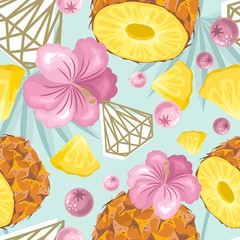 Seamless pattern with fresh pineapple, flowers, tropical leaves and berries. Vector illustration.
Printing on fabric, paper, postcards, invitations.