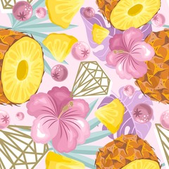 Seamless pattern with fresh pineapple, flowers, leaves and berries. Vector illustration.
Printing on fabric, paper, postcards, invitations.