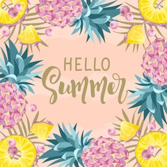 Postcard with Fresh pineapple, tropical leaves, flowers, slices and geometry. Hand calligraphy 