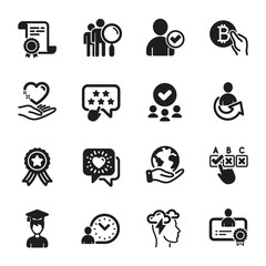 Set of People icons, such as Identity confirmed, Student. Certificate, approved group, save planet. Ranking star, Correct checkbox, Bitcoin pay. Hold heart, Share, Friends chat. Vector