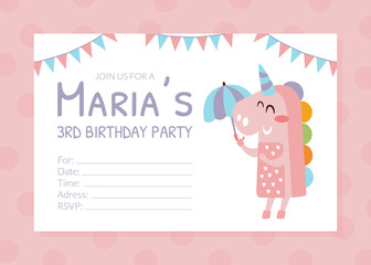 Birthday Party Pink Invitation Card, Flyer Template with Cute Lovely Unicron Animal Vector Illustration