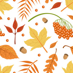 Autumn Leaves Seamless Pattern, Bright Fall Foliage