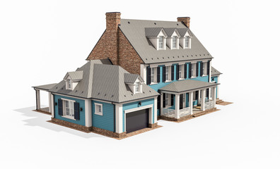 3d rendering of modern cozy classic house in colonial style with garage and pool for sale or rent. Isolated on white.