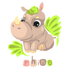 Cute cartoon baby rhino character in blazer on leaf background, with lettering. For baby cards or posters.