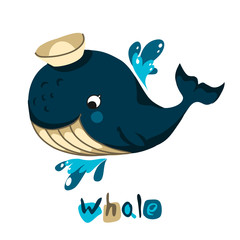 Cute cartoon baby whale character in sailor hat on leaf background, with lettering. For baby cards or posters.
