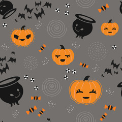 Seamless pattern for Halloween with pumpkin and decorative elements of Halloween-themed in a flat style, for a gift wrap, textiles or holiday decoration.