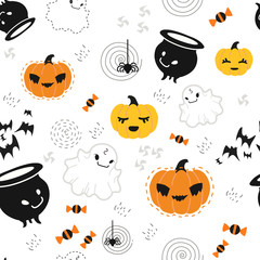 Seamless pattern for Halloween with pumpkin and decorative elements of Halloween-themed in a flat style, for a gift wrap, textiles or holiday decoration.